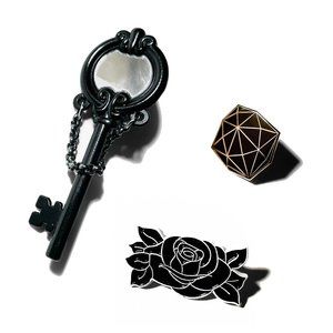 Dark Lord Pack black key with chain dark orb tattoo rose flower enamel pins